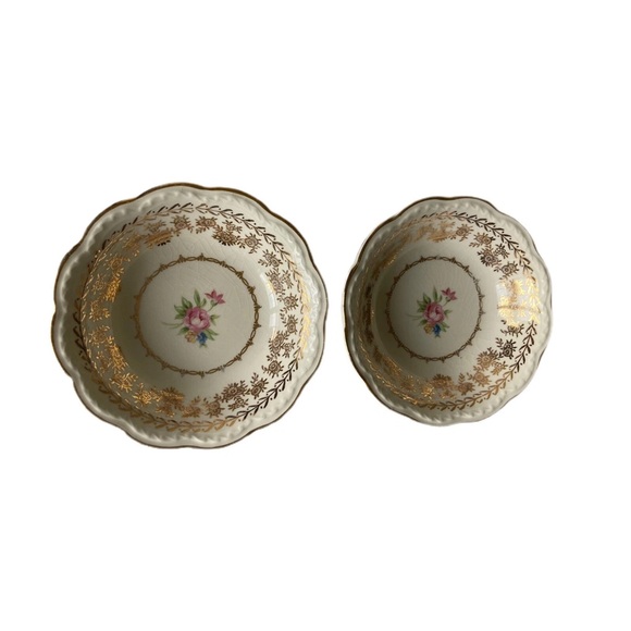 VTG (2)1940s BERRY BOWLS IVORY PORCELAIN PASTEL FLOWER GOLD GILT PATTERN - Picture 1 of 5